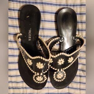 Jack Rogers Black Faux Patent Leather PVC Whipstitch Sandals - Size 8